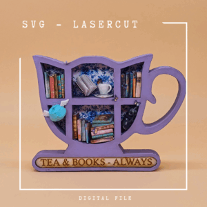 Miniatur-Teetassen-Bücherregal – Digitaler Lasercut-Download mit Miniaturbuch-Druckdatei